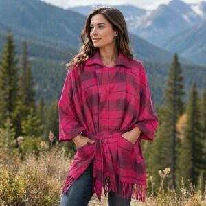 Isaac Mizrahi Plaid Wrap Jacket Womens Red Fringe Belted Cape Coat Fringe Travel